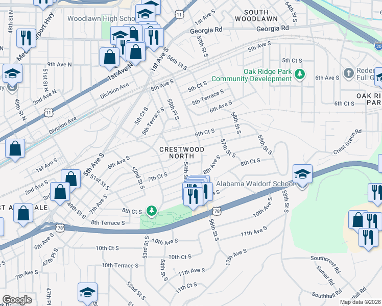 map of restaurants, bars, coffee shops, grocery stores, and more near 5410 7th Court South in Birmingham
