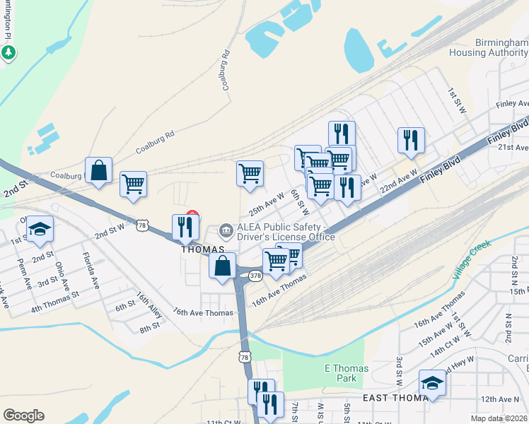 map of restaurants, bars, coffee shops, grocery stores, and more near 642 Finley Avenue West in Birmingham