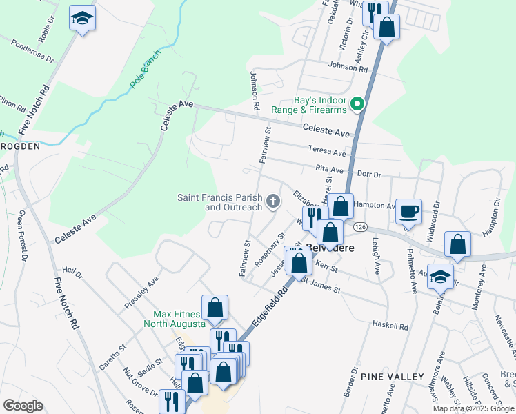 map of restaurants, bars, coffee shops, grocery stores, and more near 209 Fairview Street in North Augusta