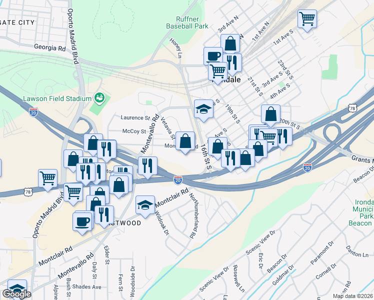map of restaurants, bars, coffee shops, grocery stores, and more near 7952 Crestwood Boulevard in Irondale