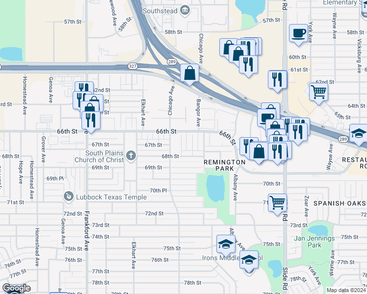map of restaurants, bars, coffee shops, grocery stores, and more near 6613 Brentwood Avenue in Lubbock