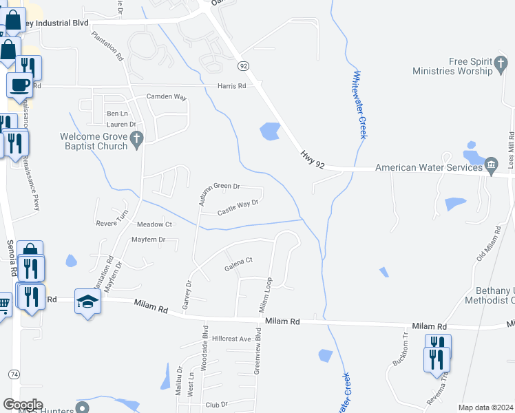 map of restaurants, bars, coffee shops, grocery stores, and more near 4060 Castle Way Drive in Fairburn