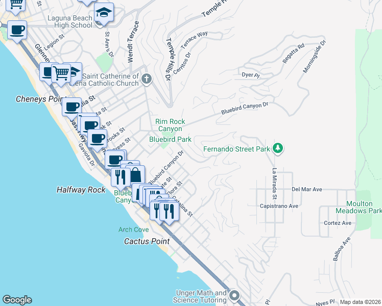 map of restaurants, bars, coffee shops, grocery stores, and more near 600 Agate Street in Laguna Beach
