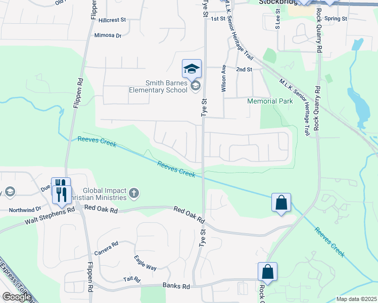 map of restaurants, bars, coffee shops, grocery stores, and more near 404 Tina Hely Court in Stockbridge