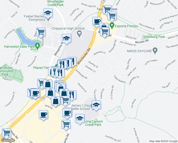 map of restaurants, bars, coffee shops, grocery stores, and more near 40166 Valeriana Court in Temecula