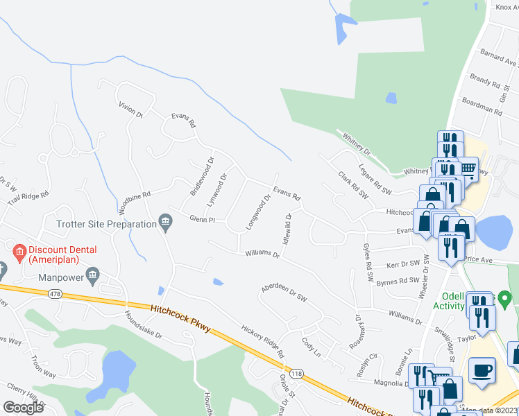 map of restaurants, bars, coffee shops, grocery stores, and more near 11 Longwood Drive in Aiken