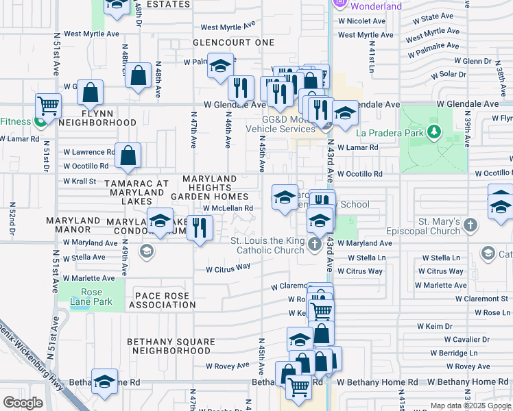 map of restaurants, bars, coffee shops, grocery stores, and more near 4530 West McLellan Road in Glendale