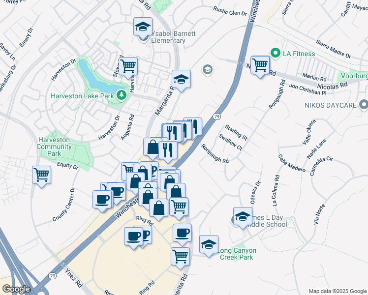 map of restaurants, bars, coffee shops, grocery stores, and more near 40325 California 79 in Temecula