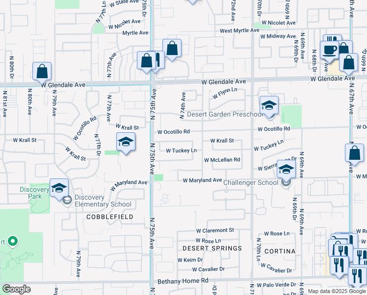 map of restaurants, bars, coffee shops, grocery stores, and more near 7336 West McLellan Road in Glendale