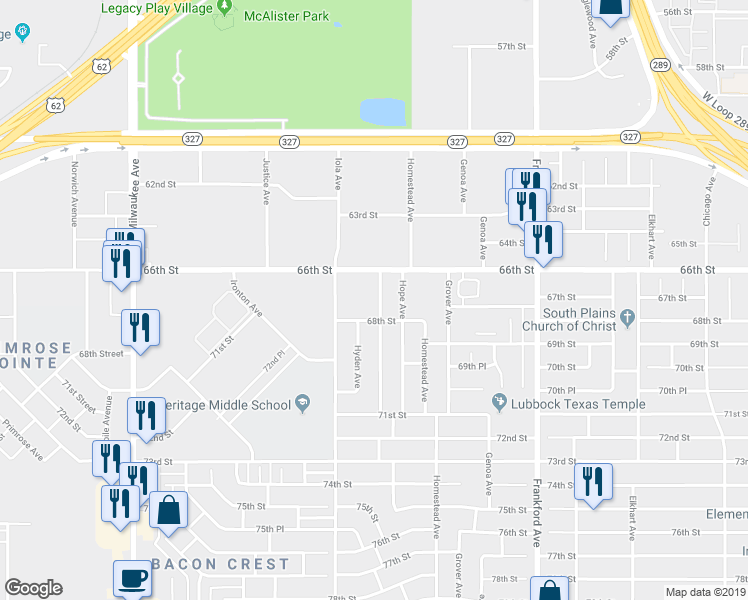 map of restaurants, bars, coffee shops, grocery stores, and more near 6612 Huron Avenue in Lubbock
