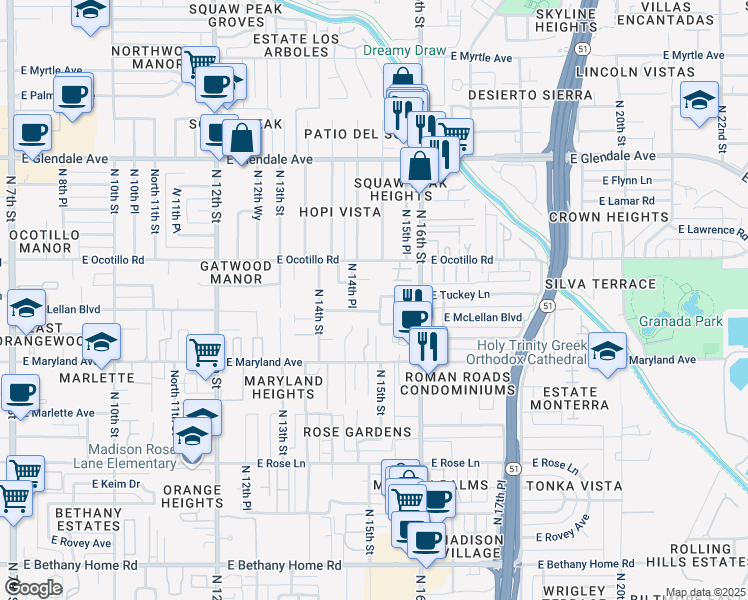 map of restaurants, bars, coffee shops, grocery stores, and more near 1437-1453 East McLellan Boulevard in Phoenix