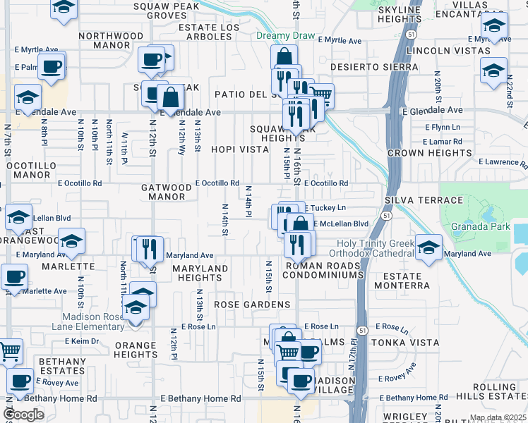 map of restaurants, bars, coffee shops, grocery stores, and more near 1437-1453 East McLellan Boulevard in Phoenix