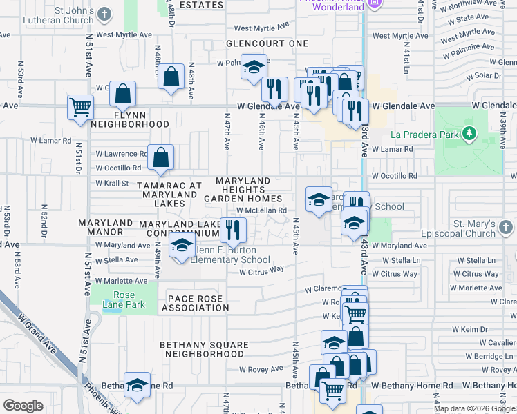 map of restaurants, bars, coffee shops, grocery stores, and more near 4608 West Maryland Avenue in Glendale
