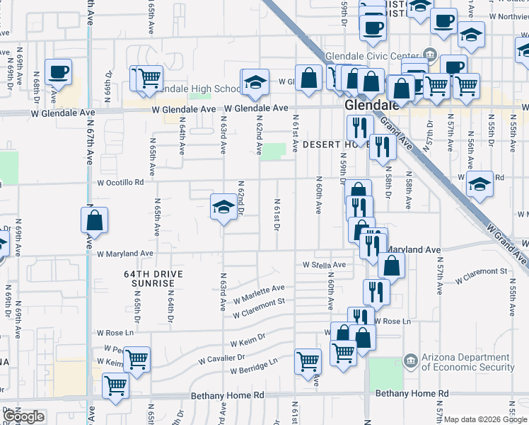 map of restaurants, bars, coffee shops, grocery stores, and more near 6531 North 62nd Avenue in Glendale