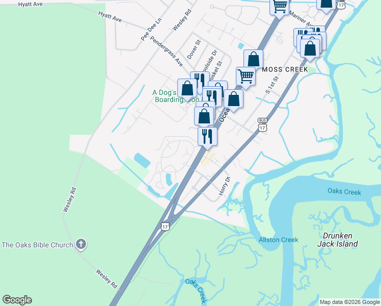 map of restaurants, bars, coffee shops, grocery stores, and more near 1 Burr Circle in Murrells Inlet