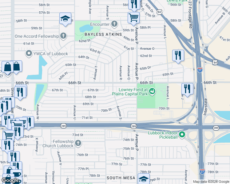 map of restaurants, bars, coffee shops, grocery stores, and more near 1628 69th Street in Lubbock