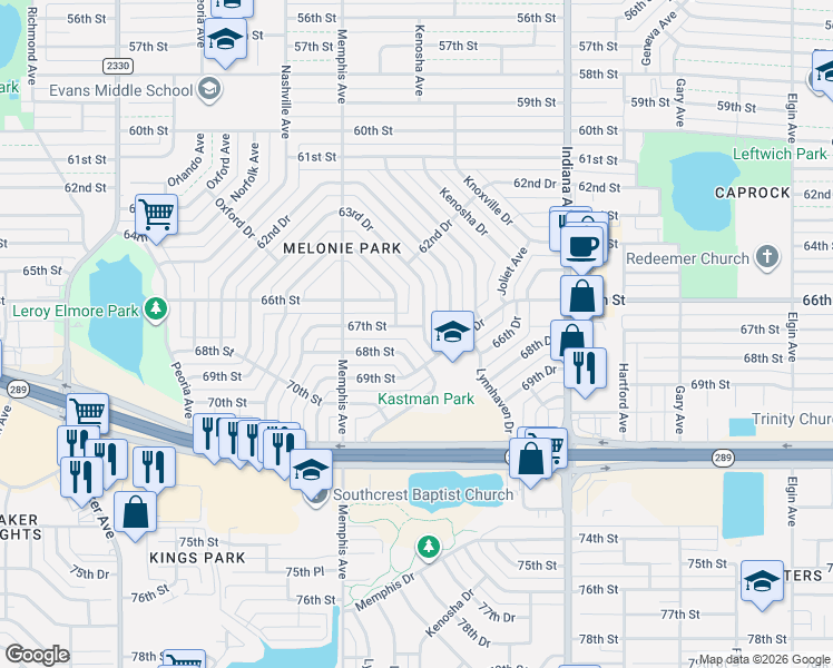 map of restaurants, bars, coffee shops, grocery stores, and more near 3614 68th St in Lubbock