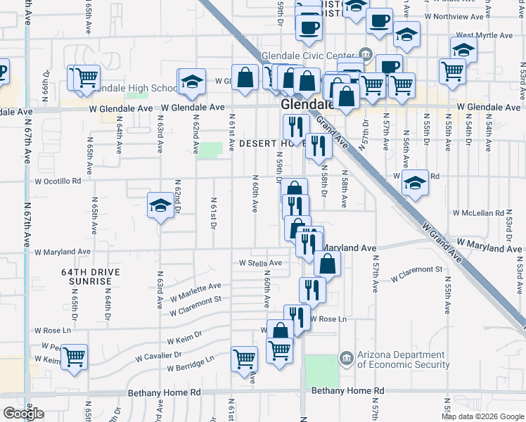 map of restaurants, bars, coffee shops, grocery stores, and more near 6532 North 59th Drive in Glendale