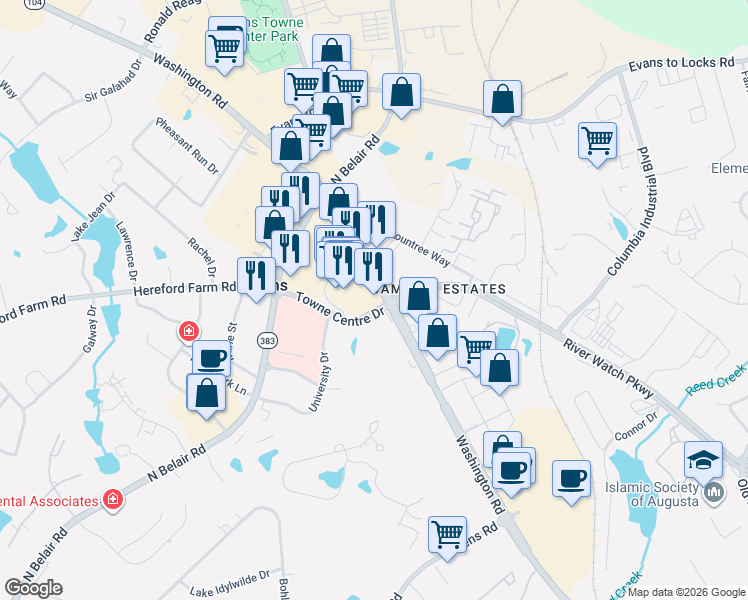 map of restaurants, bars, coffee shops, grocery stores, and more near 311-347 Towne Center Drive in Evans