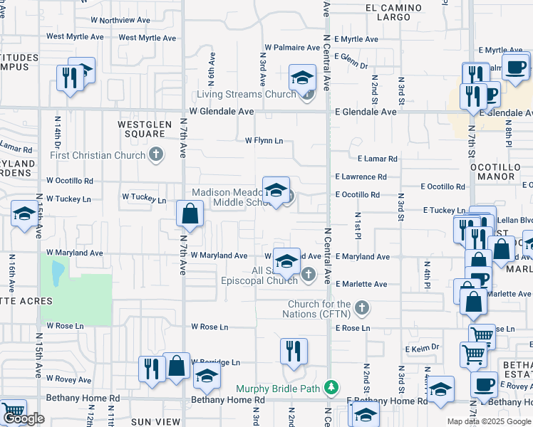 map of restaurants, bars, coffee shops, grocery stores, and more near 225 West Ocotillo Road in Phoenix
