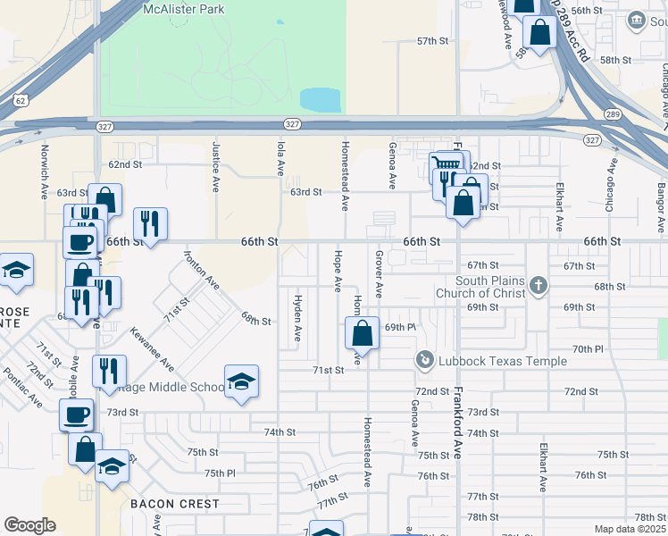 map of restaurants, bars, coffee shops, grocery stores, and more near 6619 Huron Avenue in Lubbock