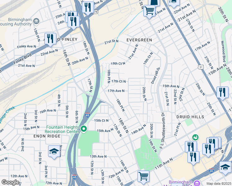 map of restaurants, bars, coffee shops, grocery stores, and more near 1630 18th Place North in Birmingham