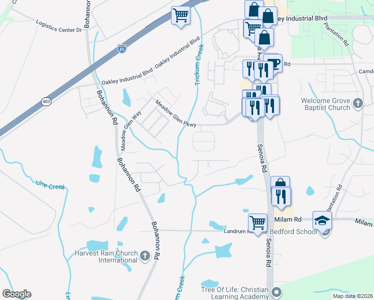map of restaurants, bars, coffee shops, grocery stores, and more near 1096 Meadow Glen Circle in Fairburn