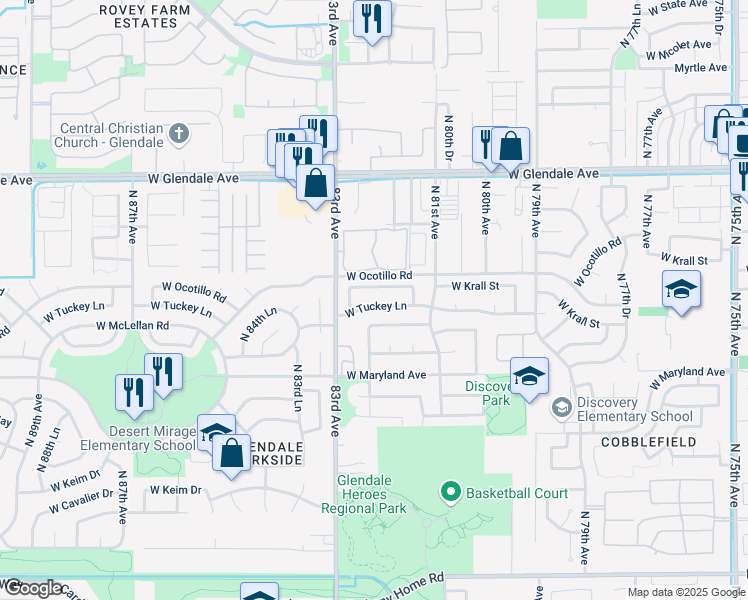 map of restaurants, bars, coffee shops, grocery stores, and more near 8168 West McLellan Road in Glendale
