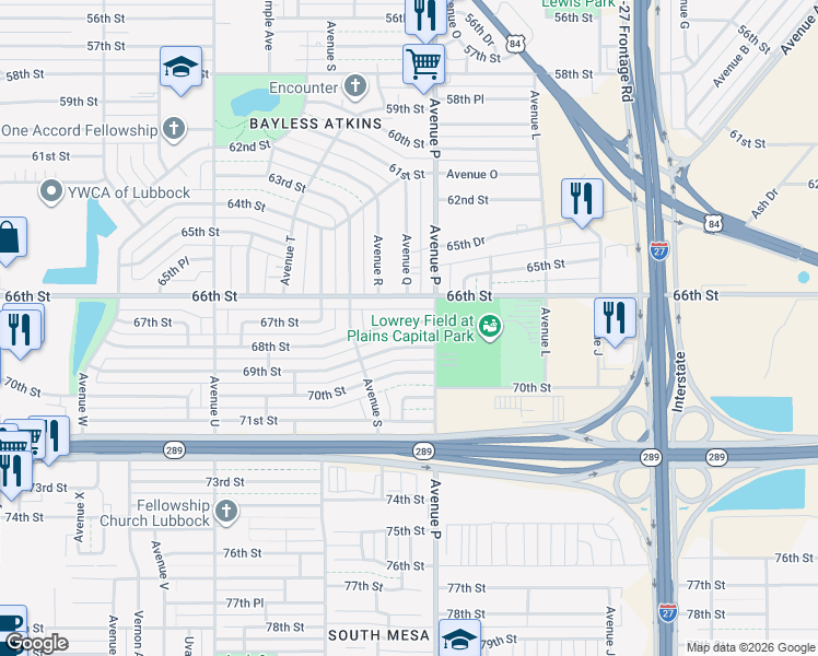 map of restaurants, bars, coffee shops, grocery stores, and more near 1609 66th Street in Lubbock