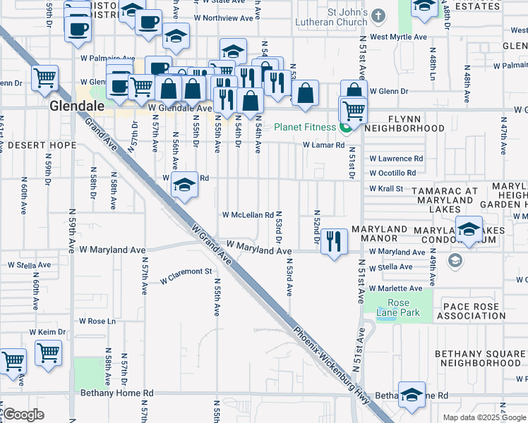 map of restaurants, bars, coffee shops, grocery stores, and more near 6601 North 54th Avenue in Glendale