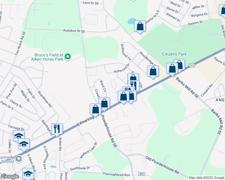 map of restaurants, bars, coffee shops, grocery stores, and more near 213 Pebble Lane in Aiken
