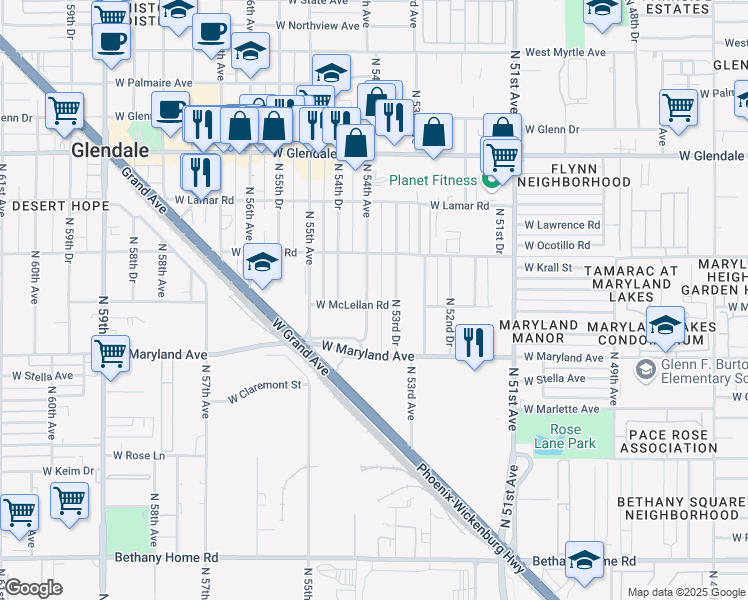 map of restaurants, bars, coffee shops, grocery stores, and more near 6601 North 54th Avenue in Glendale