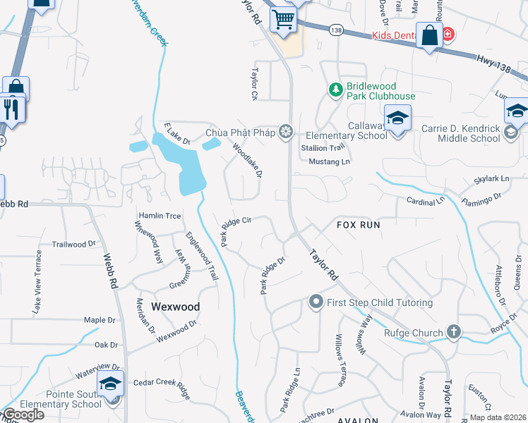 map of restaurants, bars, coffee shops, grocery stores, and more near 347 Park Ridge Circle in Riverdale