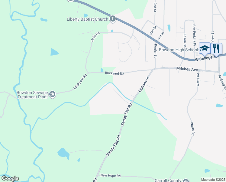 map of restaurants, bars, coffee shops, grocery stores, and more near 137 Ridgeview Parkway in Bowdon