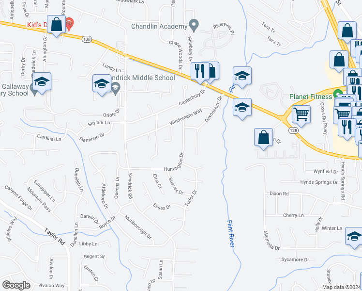 map of restaurants, bars, coffee shops, grocery stores, and more near 8097 Huntington Drive in Jonesboro
