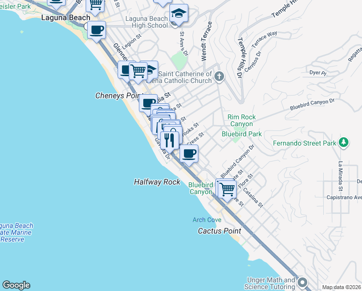 map of restaurants, bars, coffee shops, grocery stores, and more near 1264 Glenneyre Street in Laguna Beach