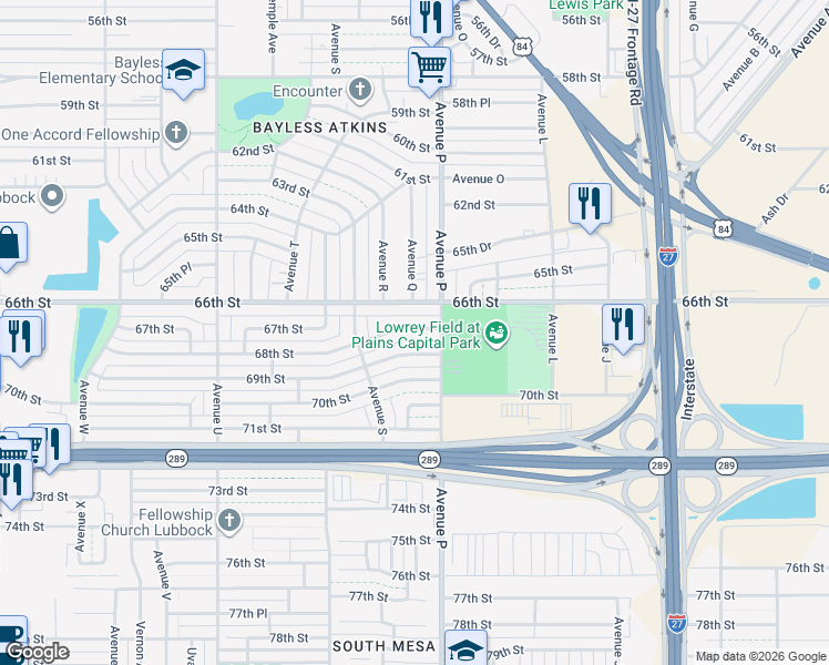 map of restaurants, bars, coffee shops, grocery stores, and more near 1609 66th Street in Lubbock
