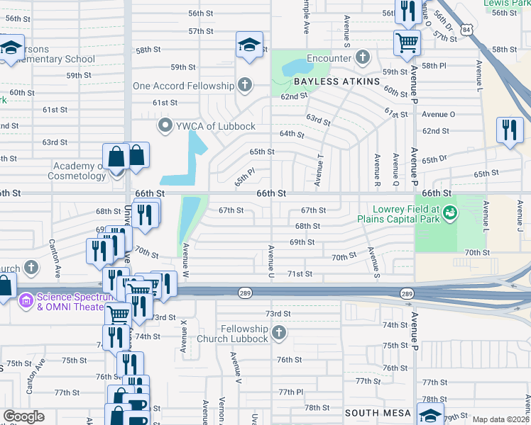 map of restaurants, bars, coffee shops, grocery stores, and more near 2101 66th St in Lubbock