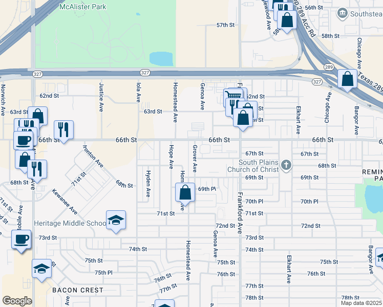 map of restaurants, bars, coffee shops, grocery stores, and more near 5917 66th Street in Lubbock
