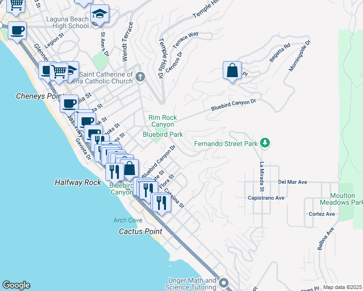 map of restaurants, bars, coffee shops, grocery stores, and more near 918 Van Dyke Drive in Laguna Beach
