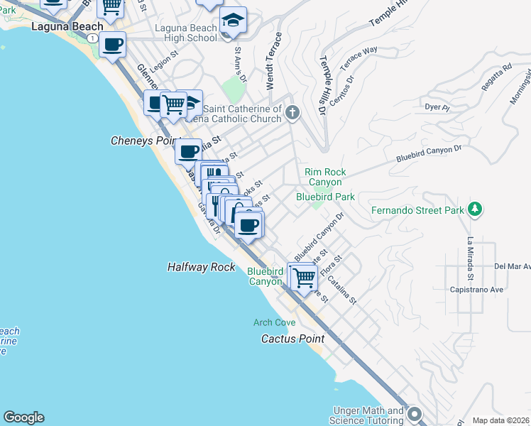 map of restaurants, bars, coffee shops, grocery stores, and more near 440 Cress Street in Laguna Beach