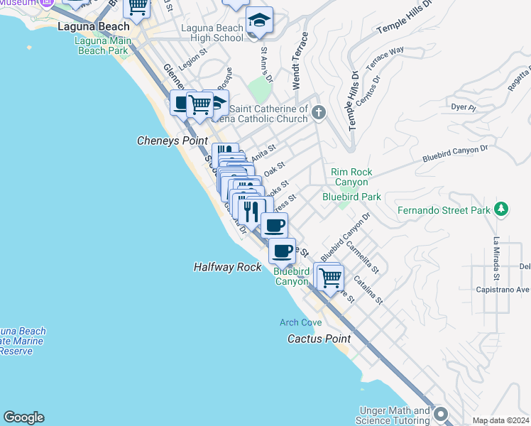 map of restaurants, bars, coffee shops, grocery stores, and more near 1186 Glenneyre Street in Laguna Beach