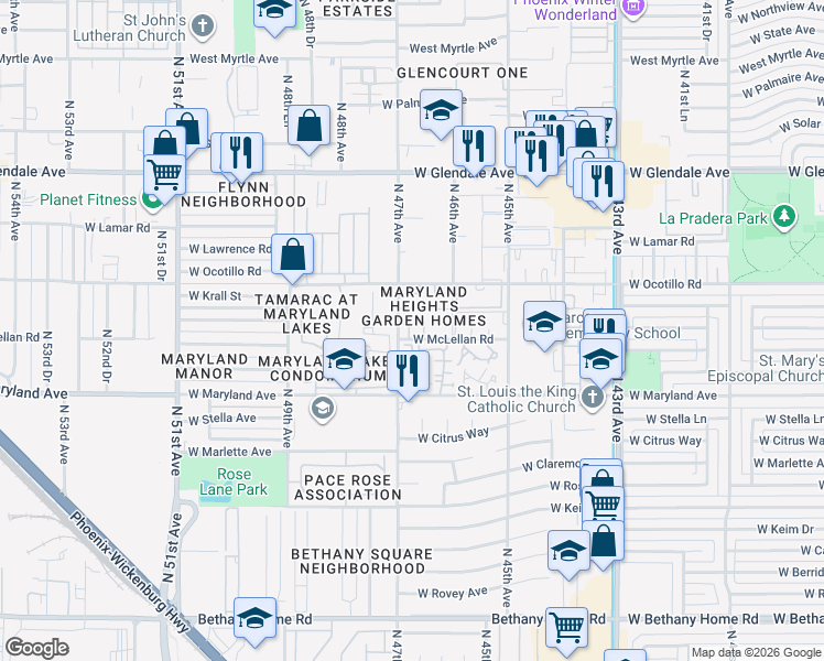 map of restaurants, bars, coffee shops, grocery stores, and more near 6605 North 46th Lane in Glendale