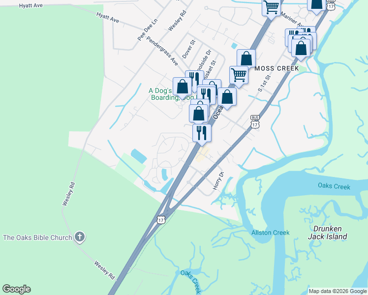 map of restaurants, bars, coffee shops, grocery stores, and more near 10 Acorn Court in Murrells Inlet