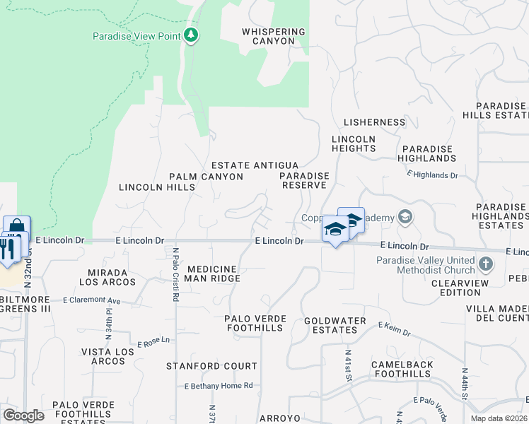 map of restaurants, bars, coffee shops, grocery stores, and more near 3800 East Lincoln Drive in Phoenix