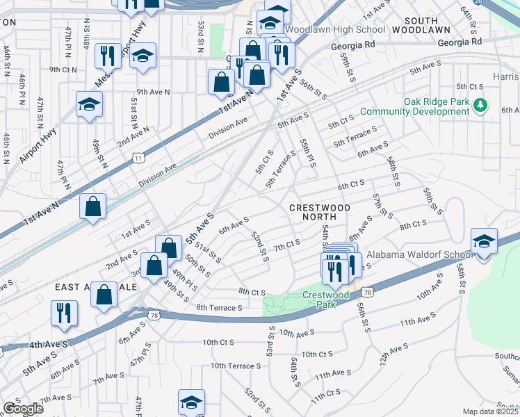 map of restaurants, bars, coffee shops, grocery stores, and more near 500 53rd Street South in Birmingham