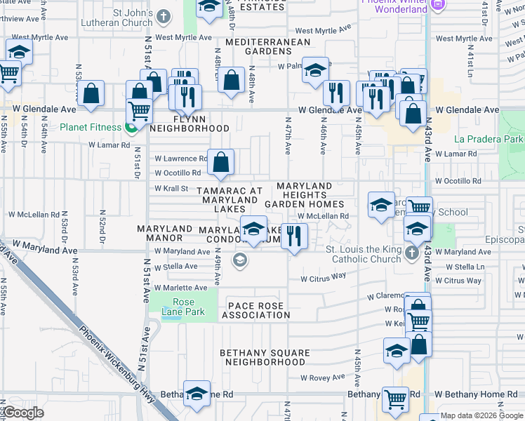 map of restaurants, bars, coffee shops, grocery stores, and more near 4748 West Sierra Vista Drive in Glendale