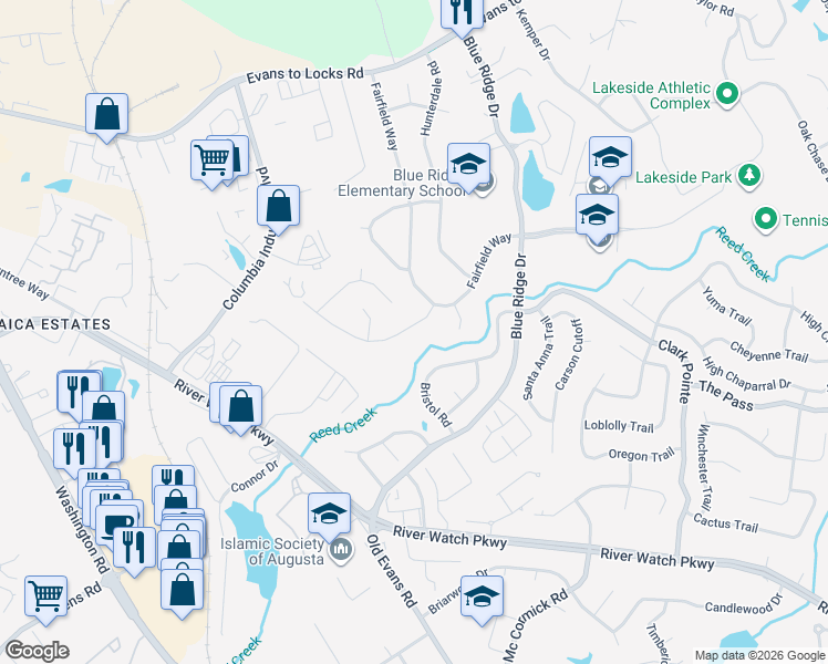 map of restaurants, bars, coffee shops, grocery stores, and more near 4154 Arlington Road in Evans