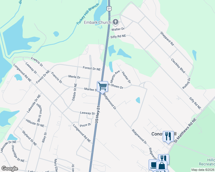 map of restaurants, bars, coffee shops, grocery stores, and more near 3229 Martin Avenue in Orangeburg