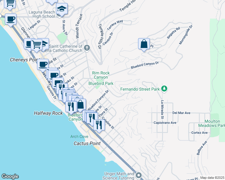 map of restaurants, bars, coffee shops, grocery stores, and more near 918 Van Dyke Drive in Laguna Beach